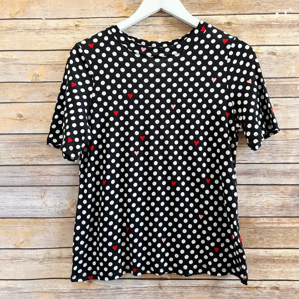 POPSUGAR Tee Women’s Size XS Black White Polka Dot Heart Short Sleeve NWT